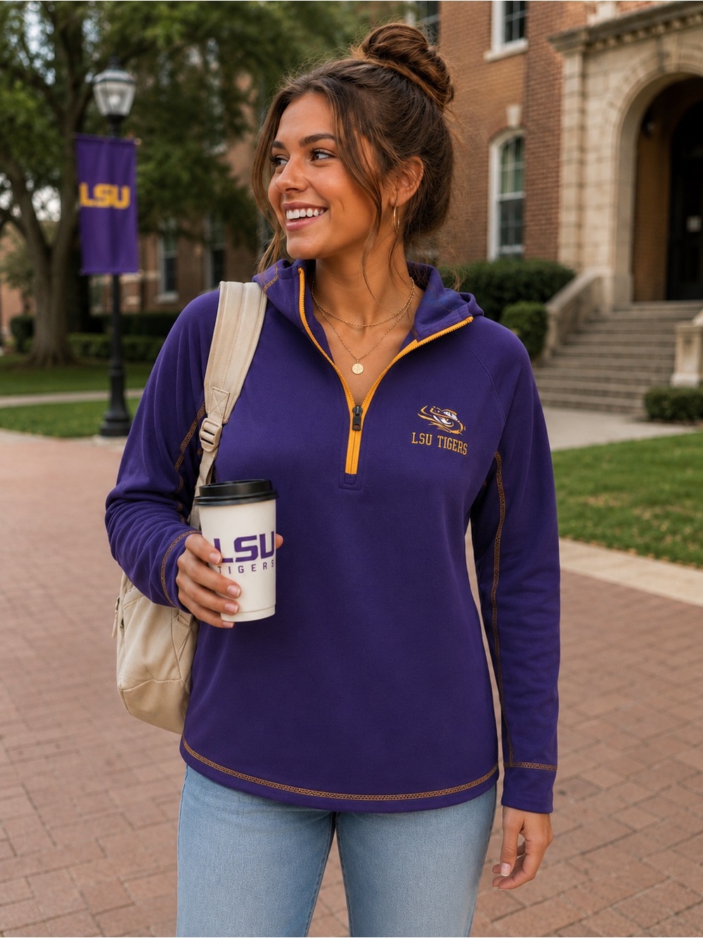 Colosseum Women’s LSU Tigers Purple and Gold Varsity Half-Zip Hoodie L